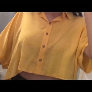 yellow button up collared crop top